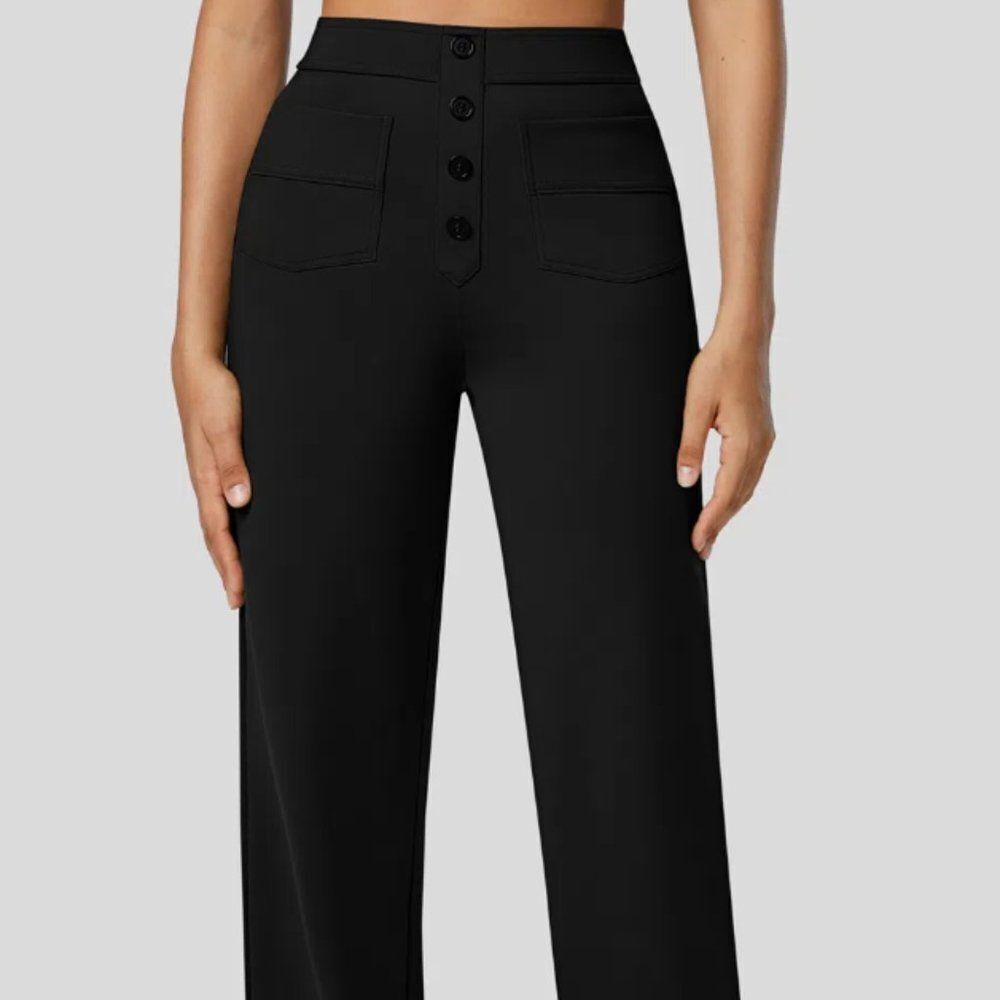 Cloudful™ Fabric Fleece High Waisted Button Multiple Pockets Straight Leg Pants